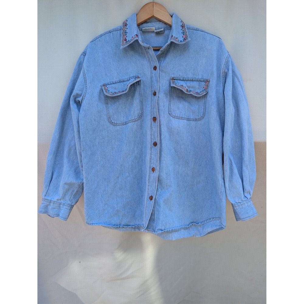 Capacity‎ Floral Denim Button Down Womens P L Blue Grandmacore Coastal Cowgirl